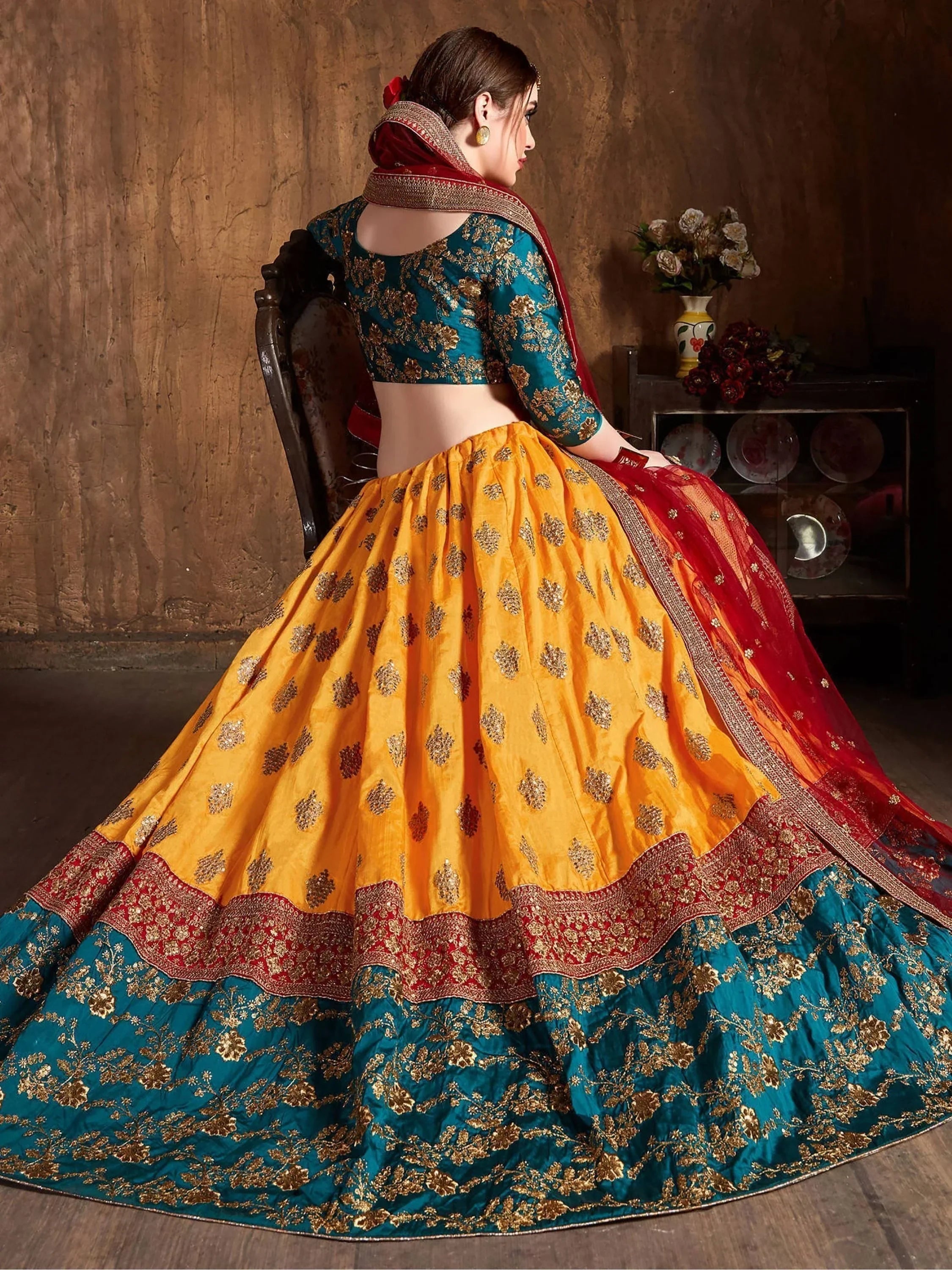 Teal Green -Yellow Embroidery Banarasi Silk Bridal Lehenga Choli With Maroon Dupatta