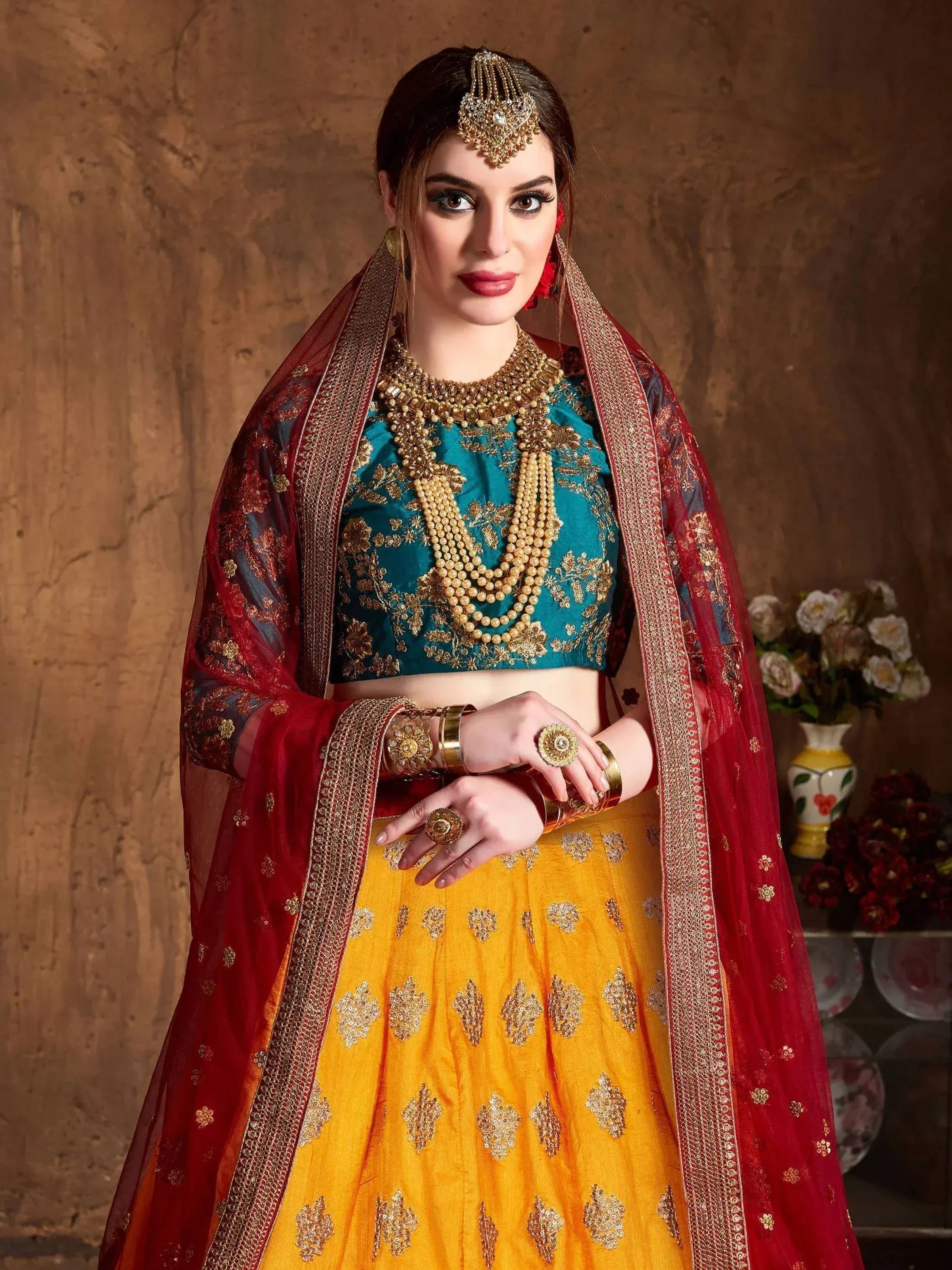 Teal Green -Yellow Embroidery Banarasi Silk Bridal Lehenga Choli With Maroon Dupatta