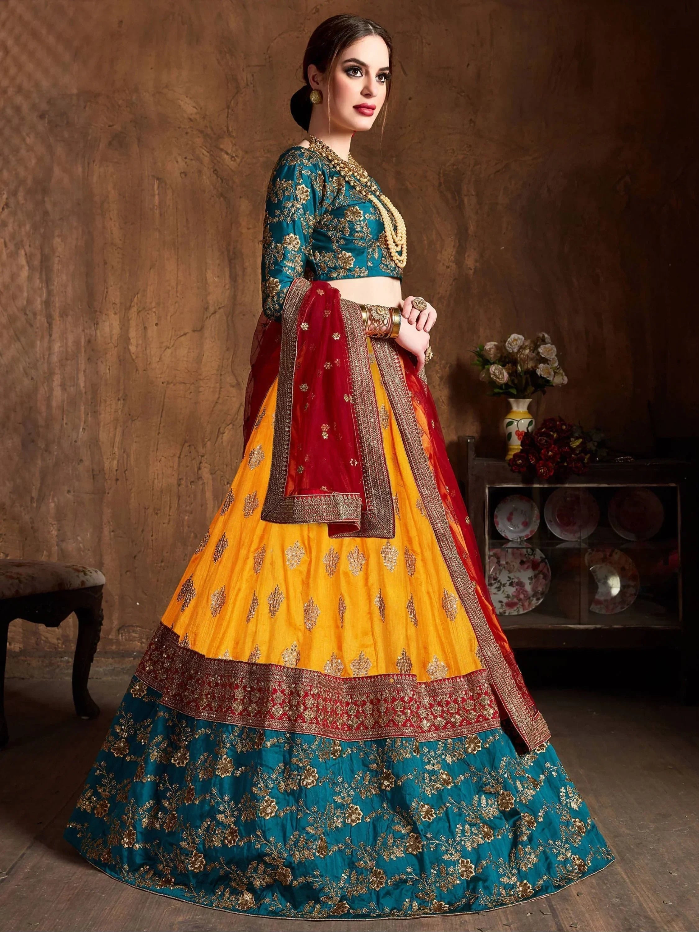 Teal Green -Yellow Embroidery Banarasi Silk Bridal Lehenga Choli With Maroon Dupatta