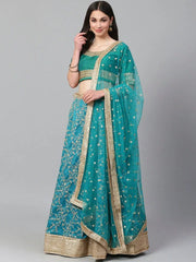 Turquoise Blue Semi-Stitched Myntra Wedding Wear Lehenga & Unstitched Blouse with Dupatta