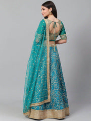 Turquoise Blue Semi-Stitched Myntra Wedding Wear Lehenga & Unstitched Blouse with Dupatta