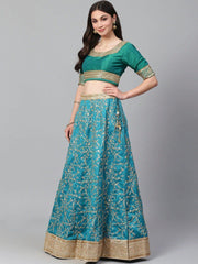 Turquoise Blue Semi-Stitched Myntra Wedding Wear Lehenga & Unstitched Blouse with Dupatta
