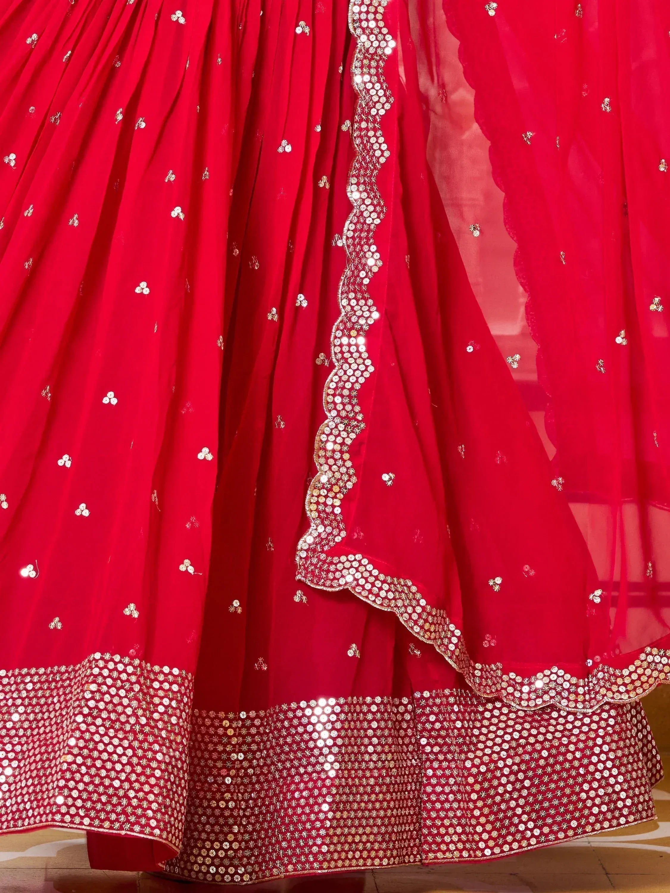 Red lehenga choli with sequin embroidery and scalloped dupatta, Indian ethnic wear