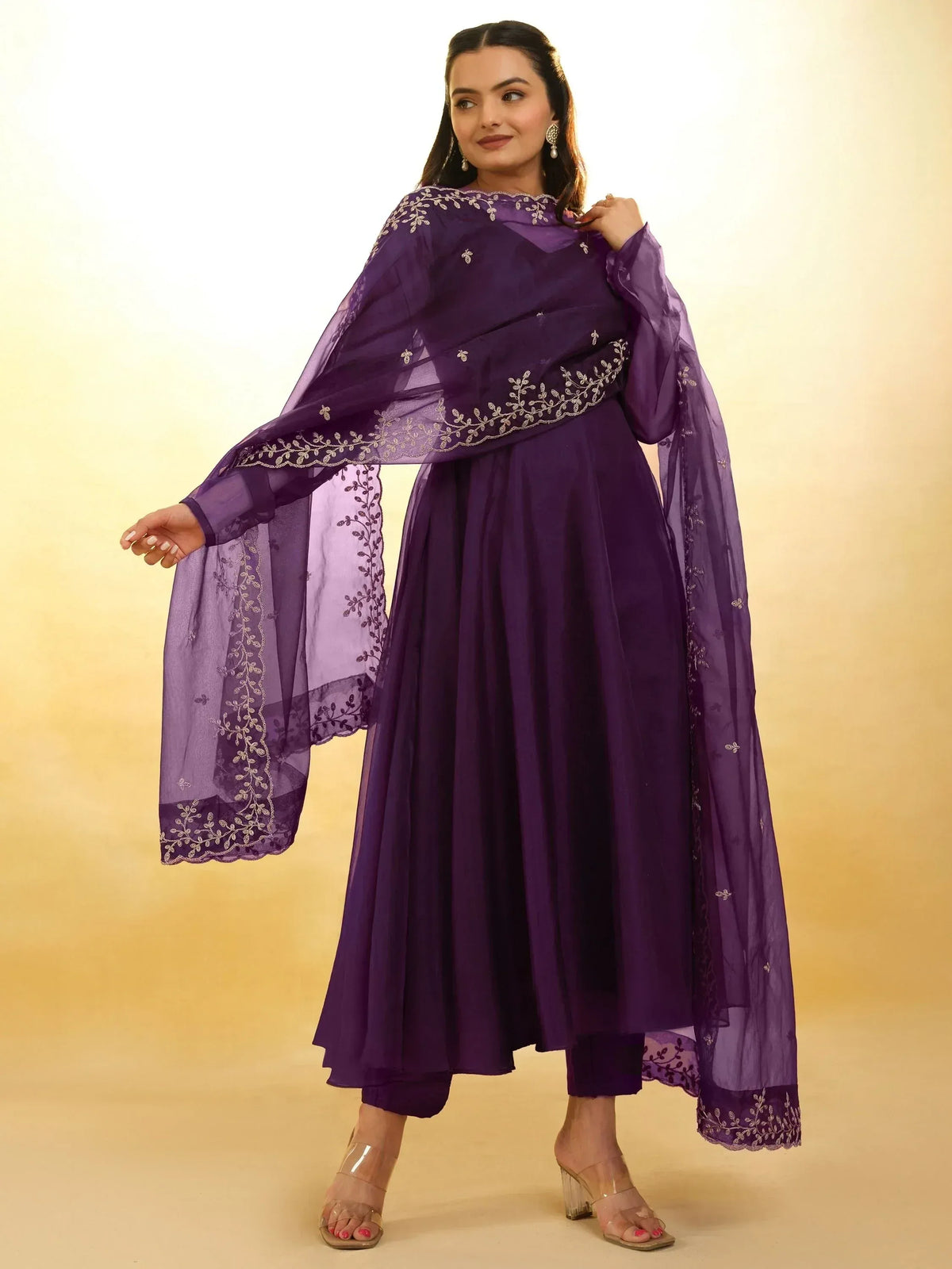 Purple embroidered anarkali suit with sheer dupatta, ethnic Indian wear for women