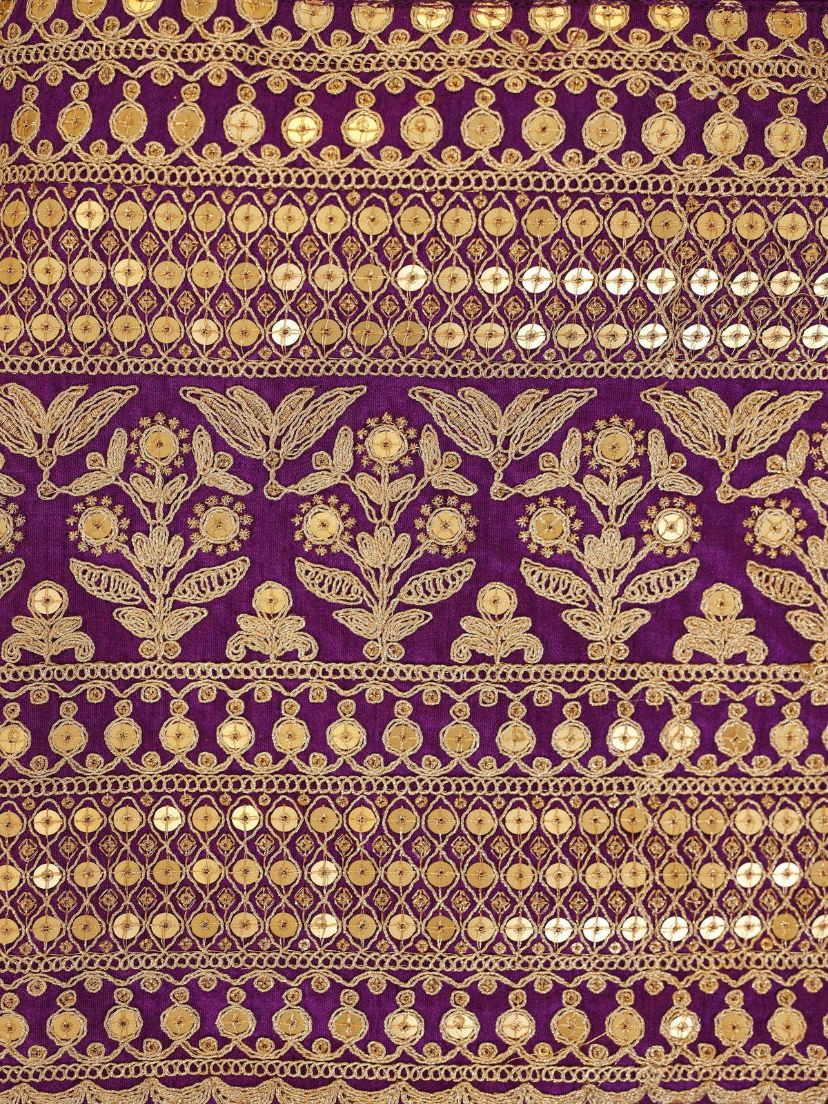 Purple Indian ethnic fabric with gold embroidery and sequin floral patterns for lehenga or saree