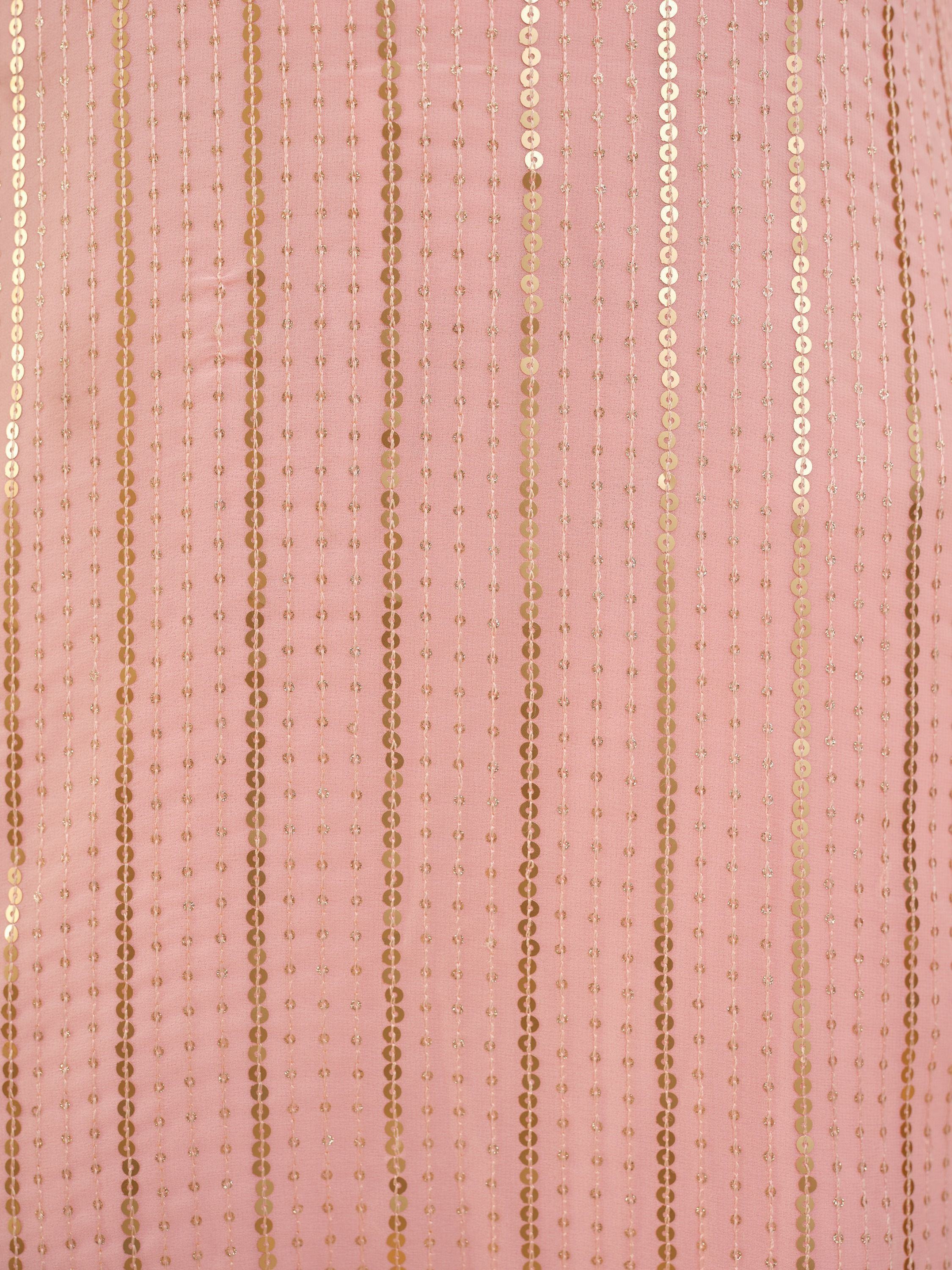 Peach pink sequin embroidered fabric with vertical gold sequin stripes