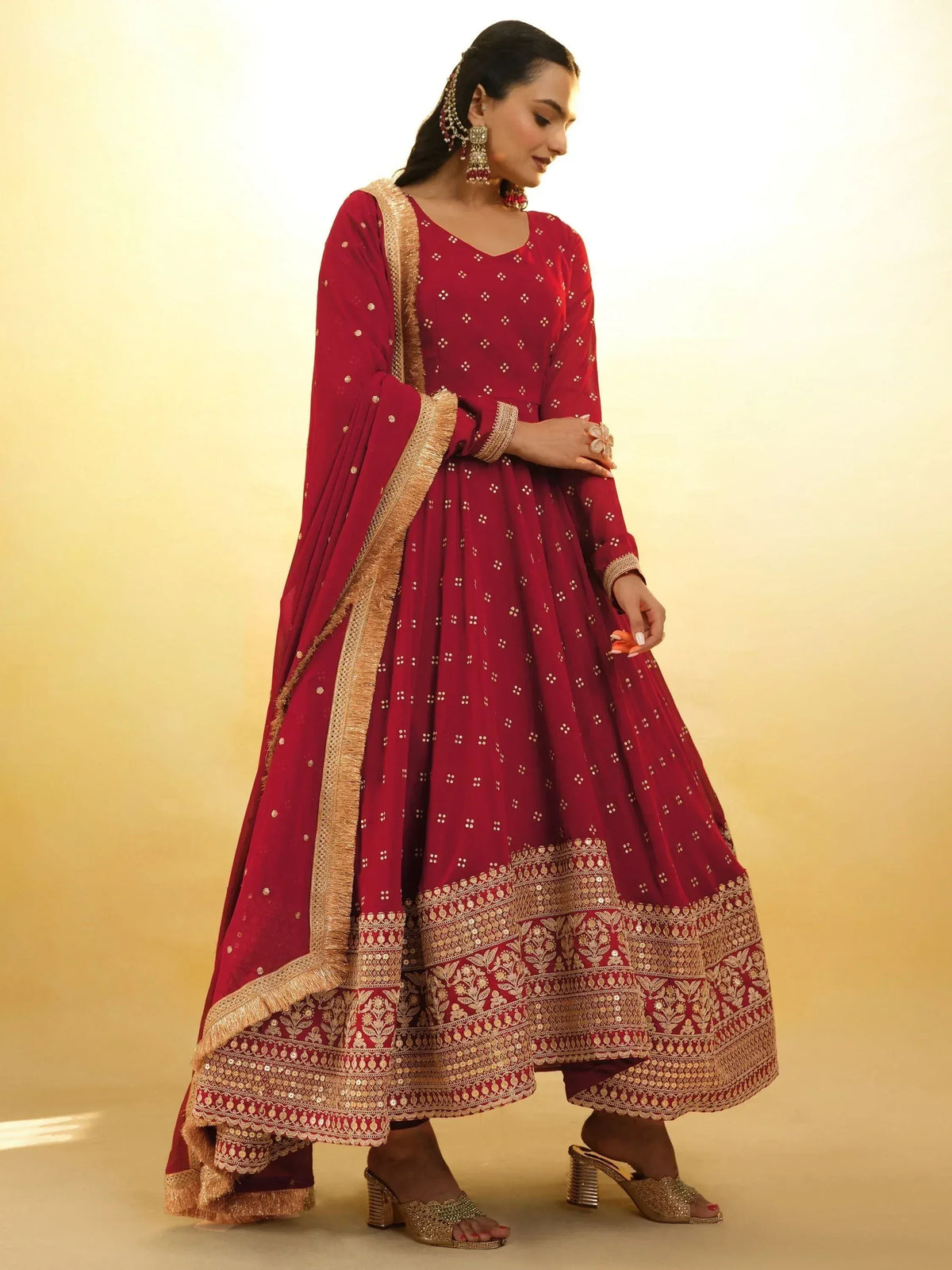 Maroon anarkali suit with gold embroidery and dupatta, Indian ethnic wear for women