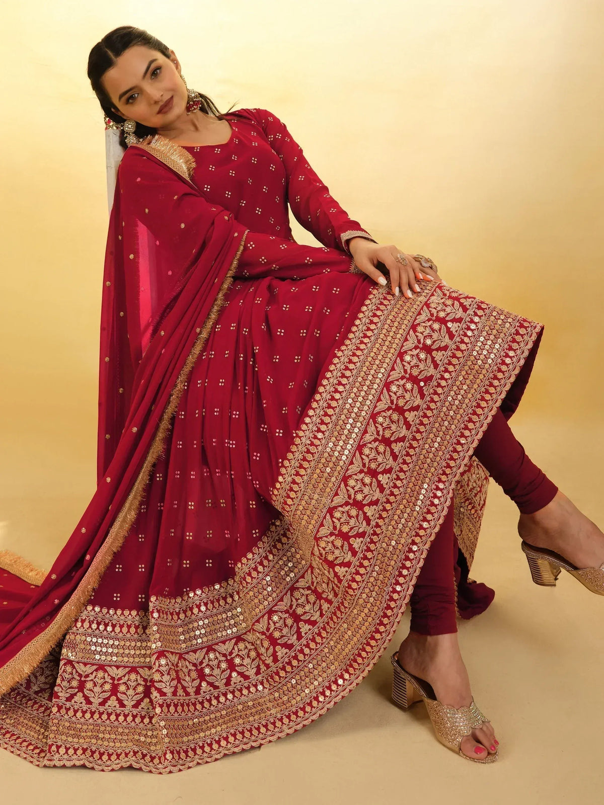 Maroon designer salwar kameez with gold embroidery and sequins, ethnic wear for women