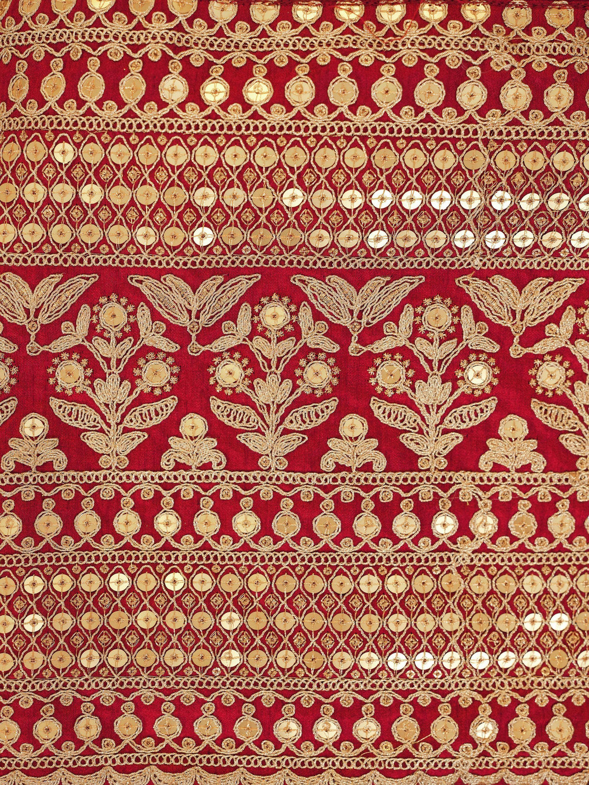 Red ethnic fabric with gold embroidery and mirror work, perfect for designer lehenga or saree.