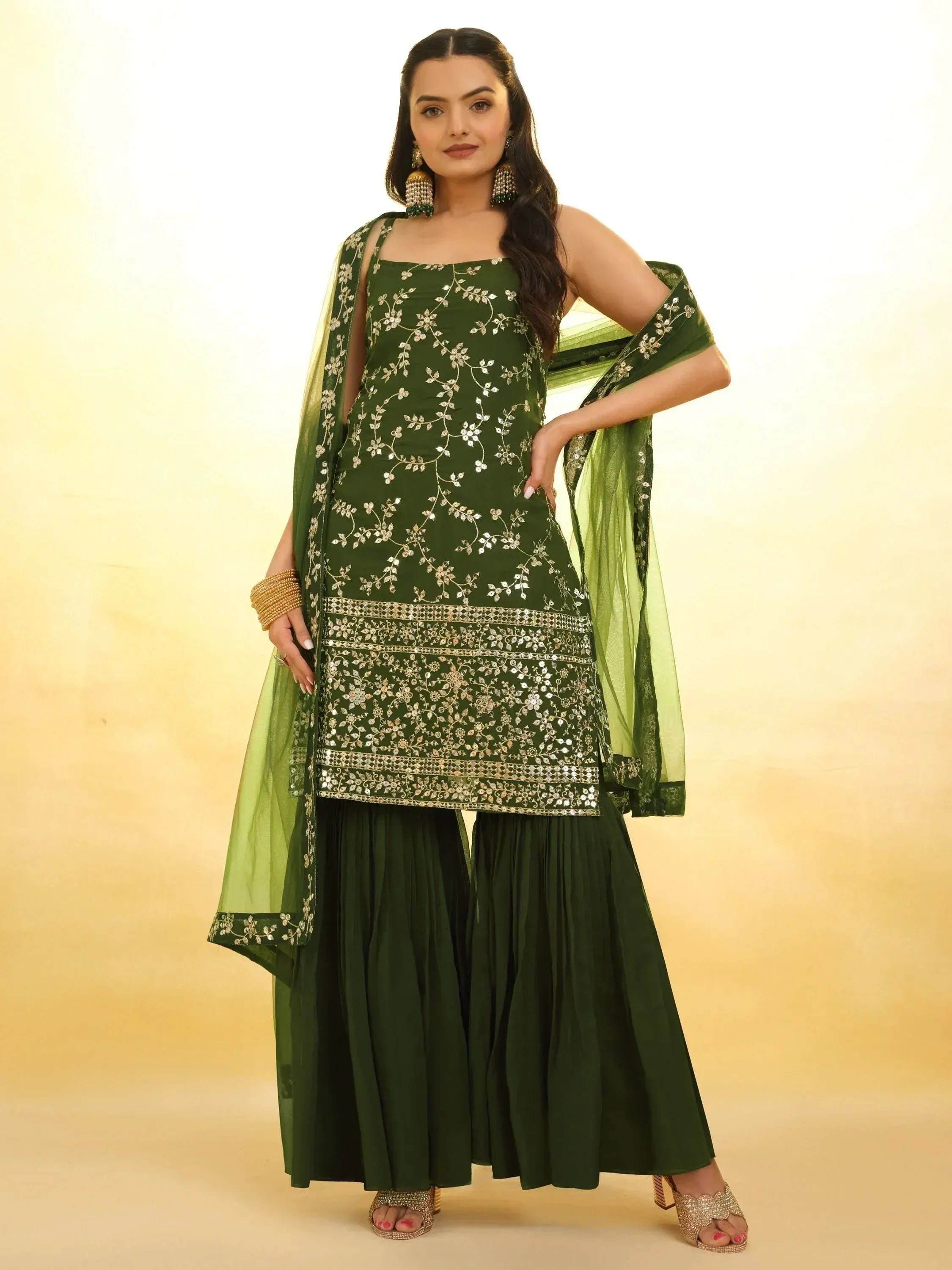 Green embroidered ethnic salwar kameez with floral mirror work and matching dupatta