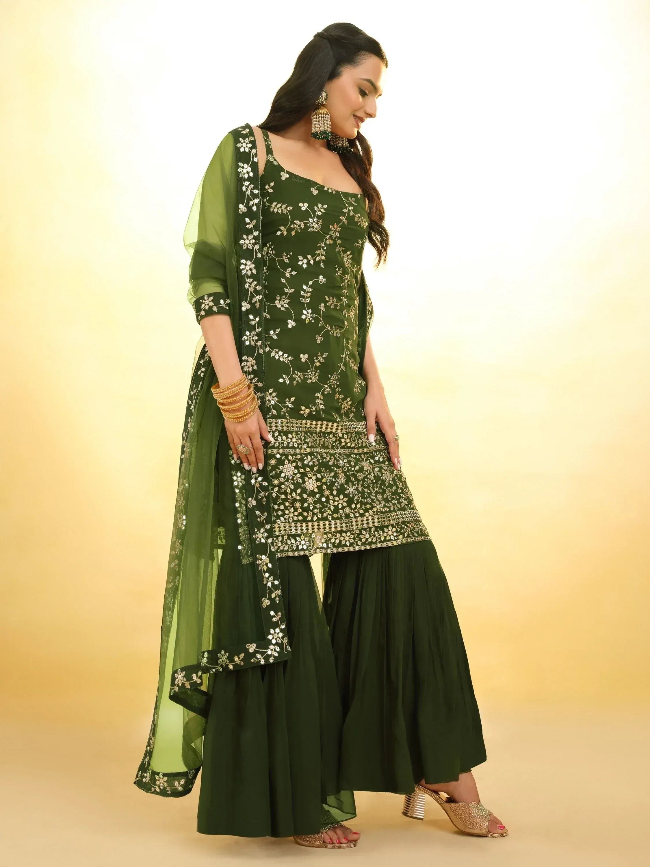 Green embroidered ethnic salwar kameez with floral detailing and sheer dupatta, perfect for festive occasions