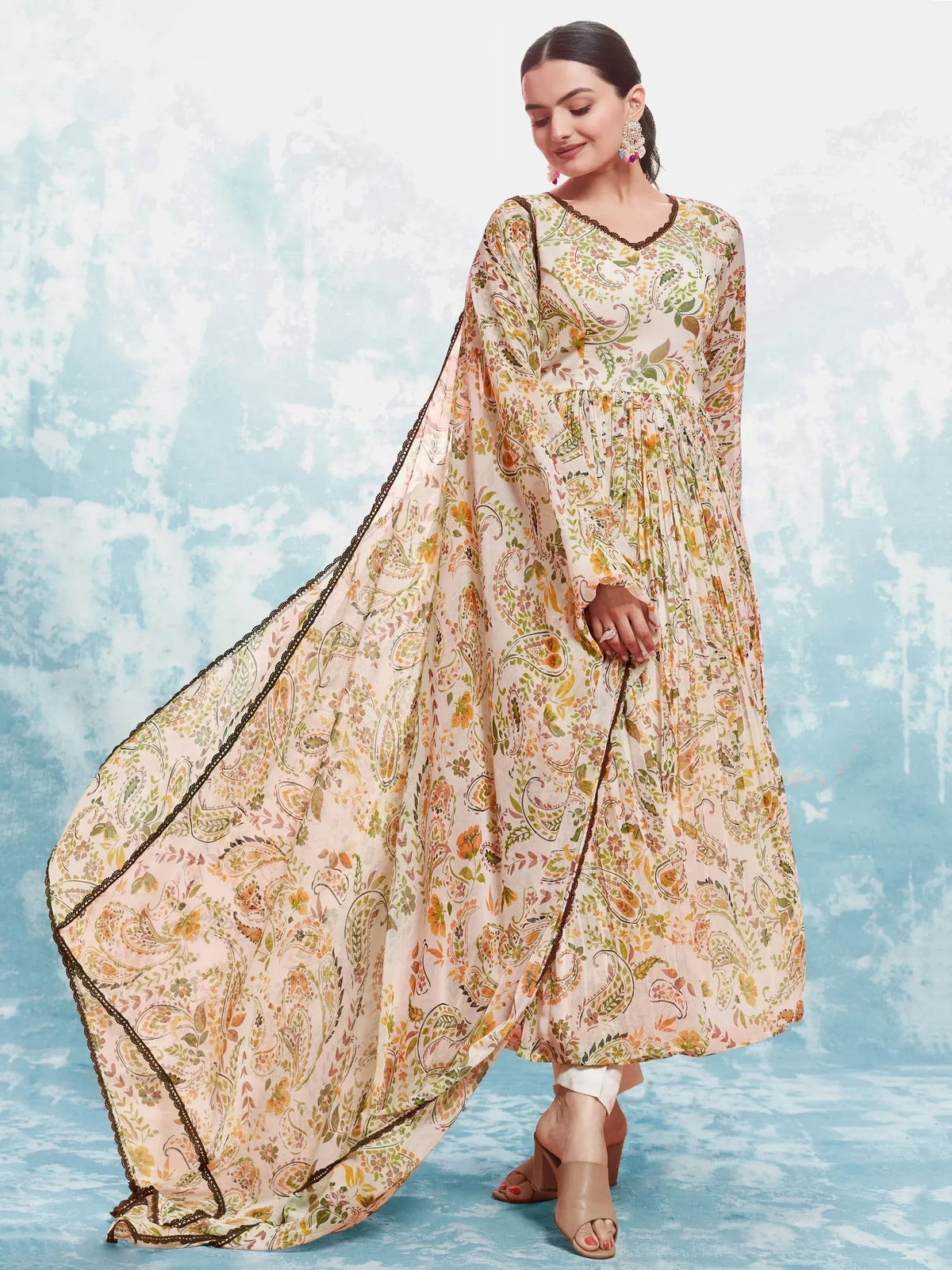 Floral printed ethnic gown with lace trim, perfect for Indian occasions and festive wear.