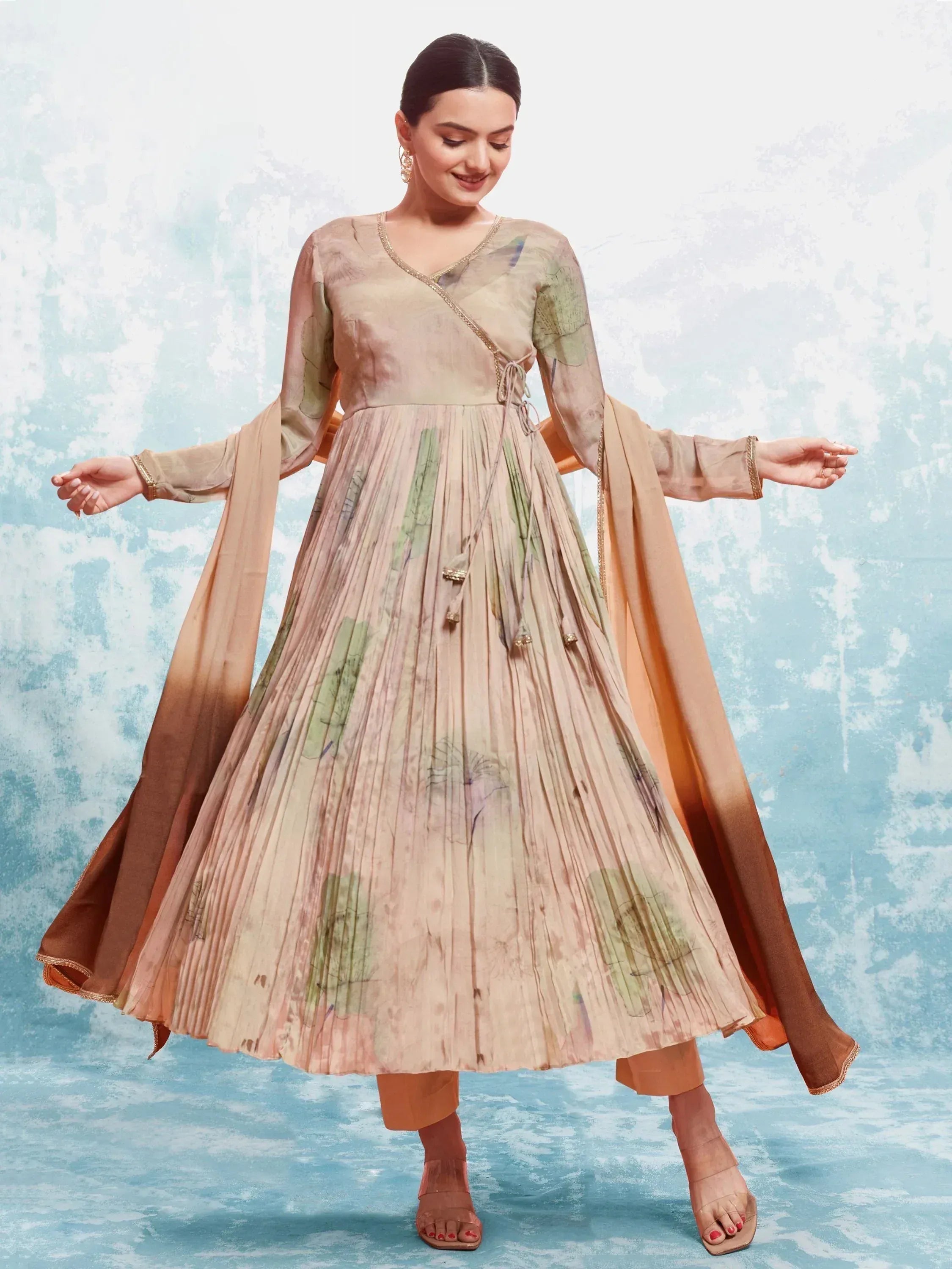 Elegant ethnic anarkali gown with floral print, pleated skirt, and dupatta for Indian wear