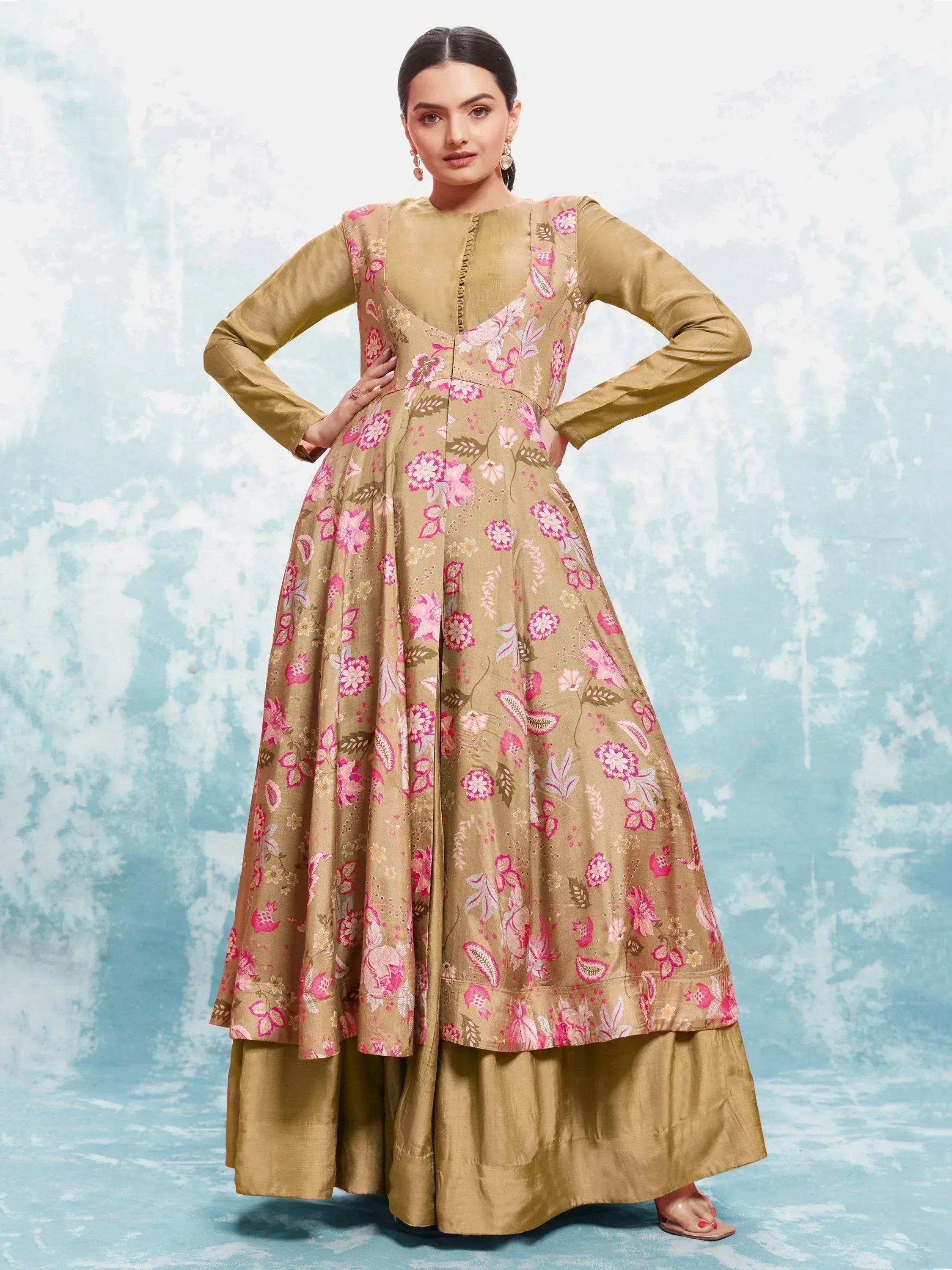 Beige floral print Anarkali suit with pink motifs, ethnic Indian wear for women