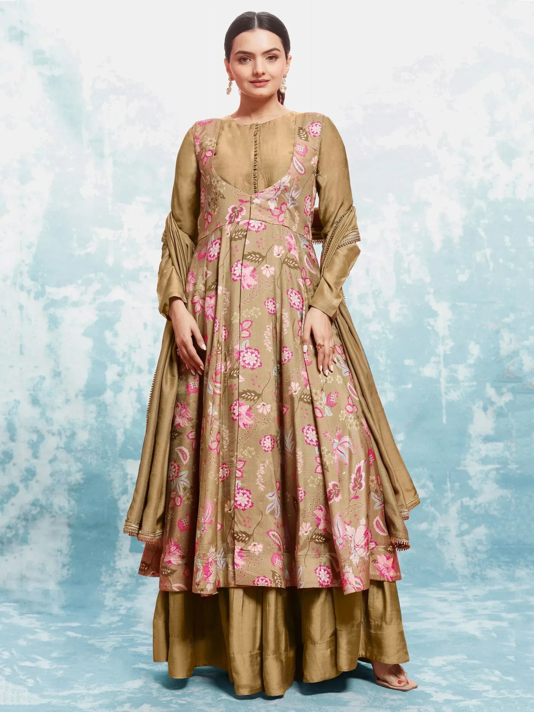 Beige floral printed anarkali suit with pink motifs, perfect for Indian ethnic occasions