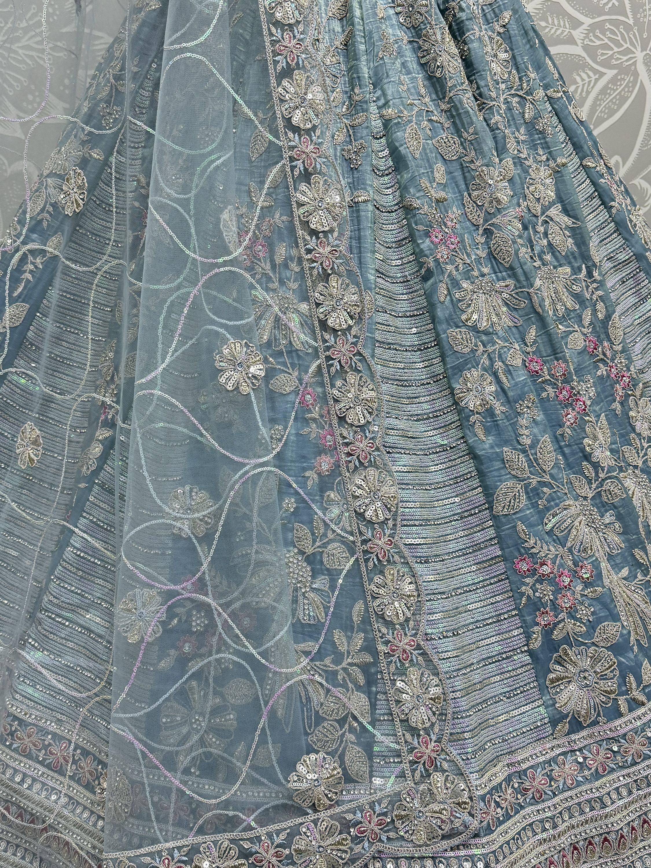 Blue floral embroidered lehenga with sequins and net dupatta, Indian ethnic wear