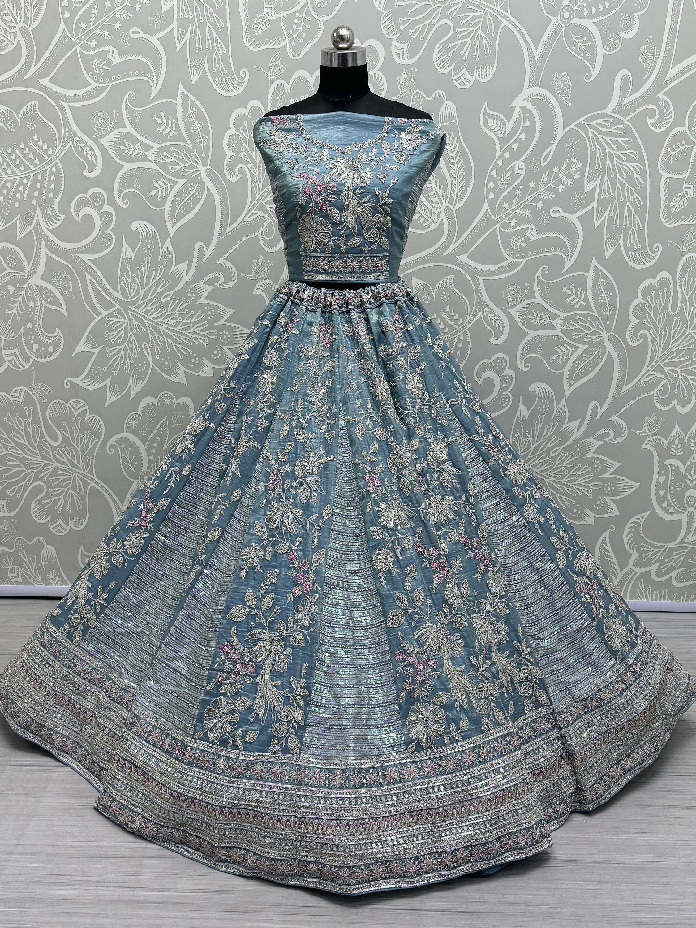 Blue embroidered lehenga choli with floral zari work, perfect for Indian ethnic wear occasions