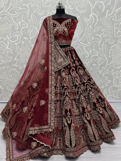 Theatrical Maroon Velvet Bridal Lehenga Choli With Double Dupatta - Ethnic Plus In