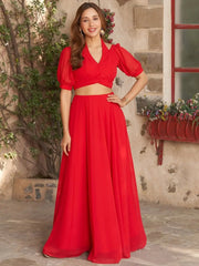 Awesome Red Georgette Party Wear Lehenga With Designer Crop Top
