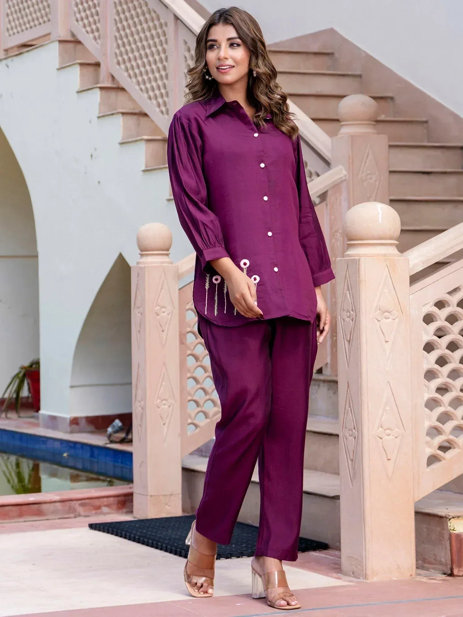 Purple ethnic kurta set with floral embroidery, paired with matching pants for women
