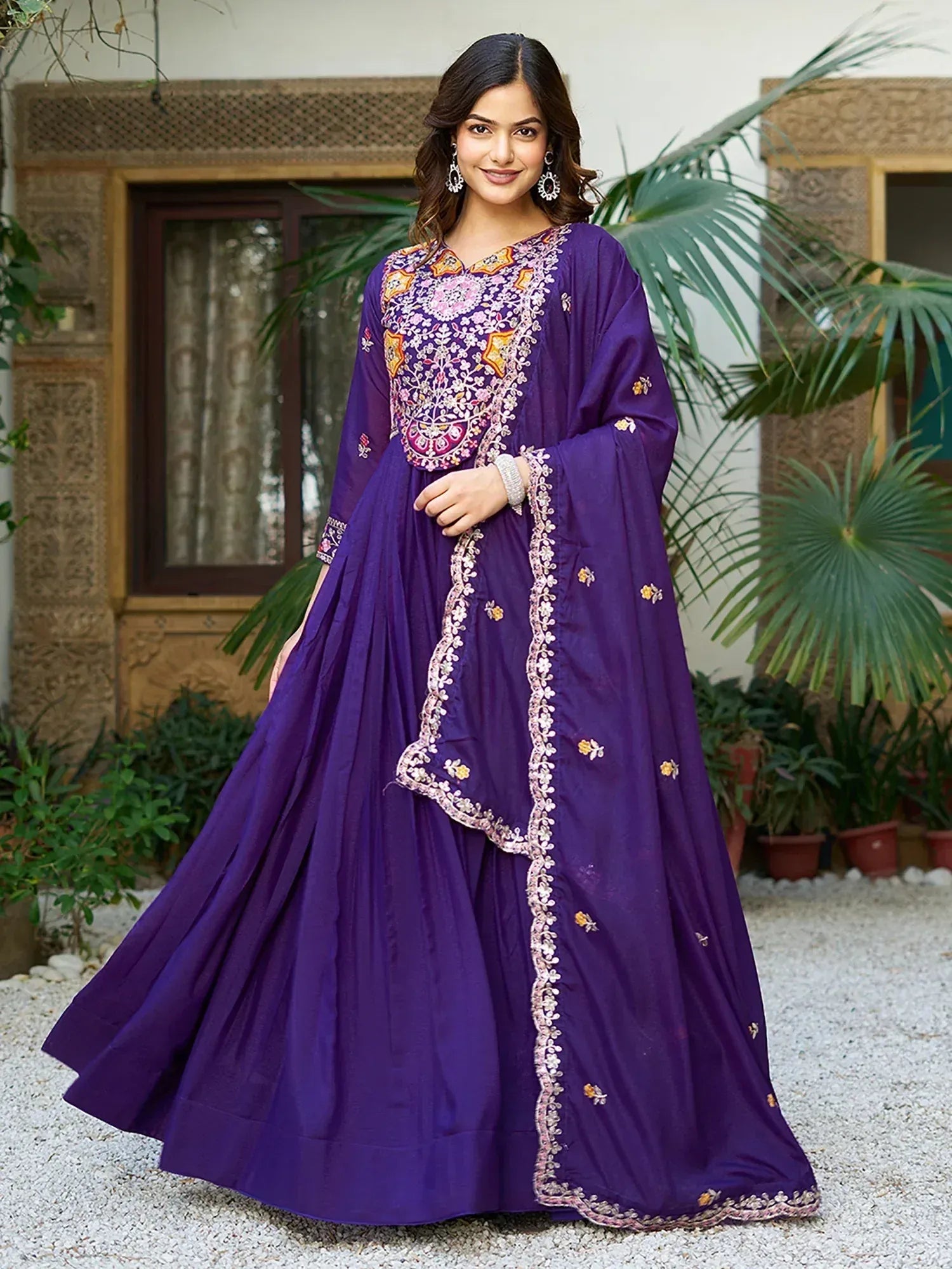 Purple embroidered anarkali suit with floral detailing, perfect for Indian ethnic wear occasions