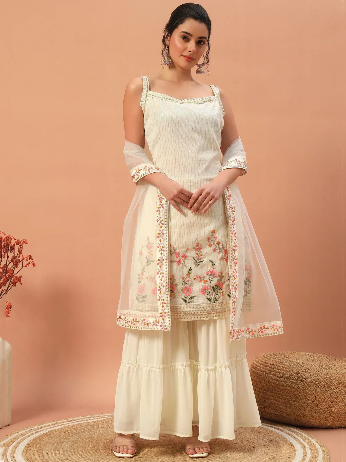 Cream embroidered kurta with floral dupatta and ruffled palazzo pants, Indian ethnic wear