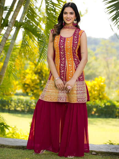Fascinating Maroon Embroidered Georgette Designer Sharara Suit