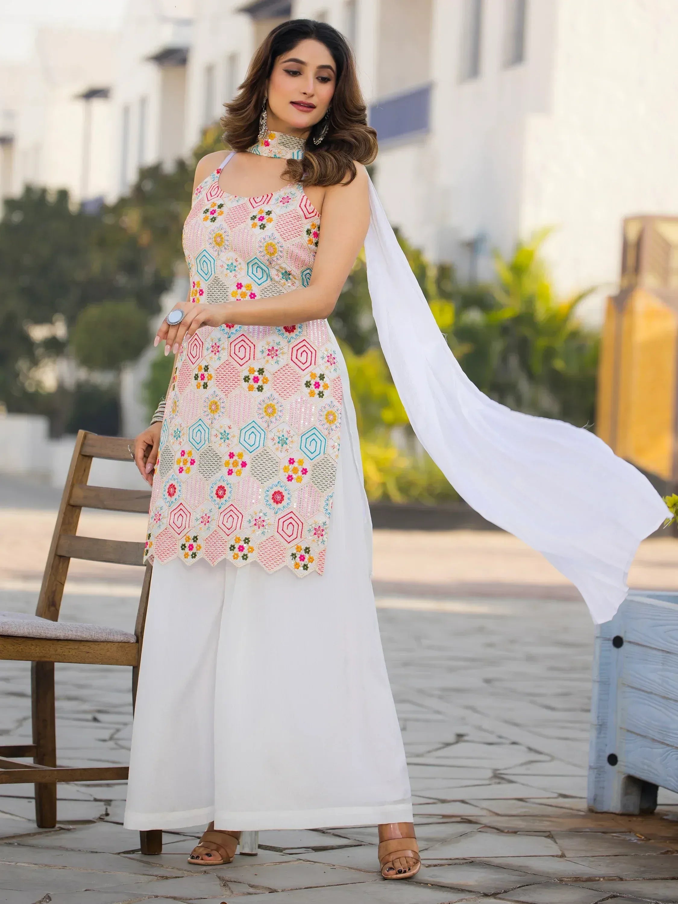 Floral embroidered white kurta with palazzo pants and dupatta, ethnic wear for women
