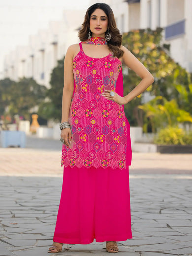 Awesome Pink Floral Embroidered Chinon Palazzo Suit With Dupatta