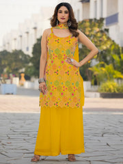 Fabulous Mustard Yellow Chinon Haldi Wear Palazzo Suit With Dupatta