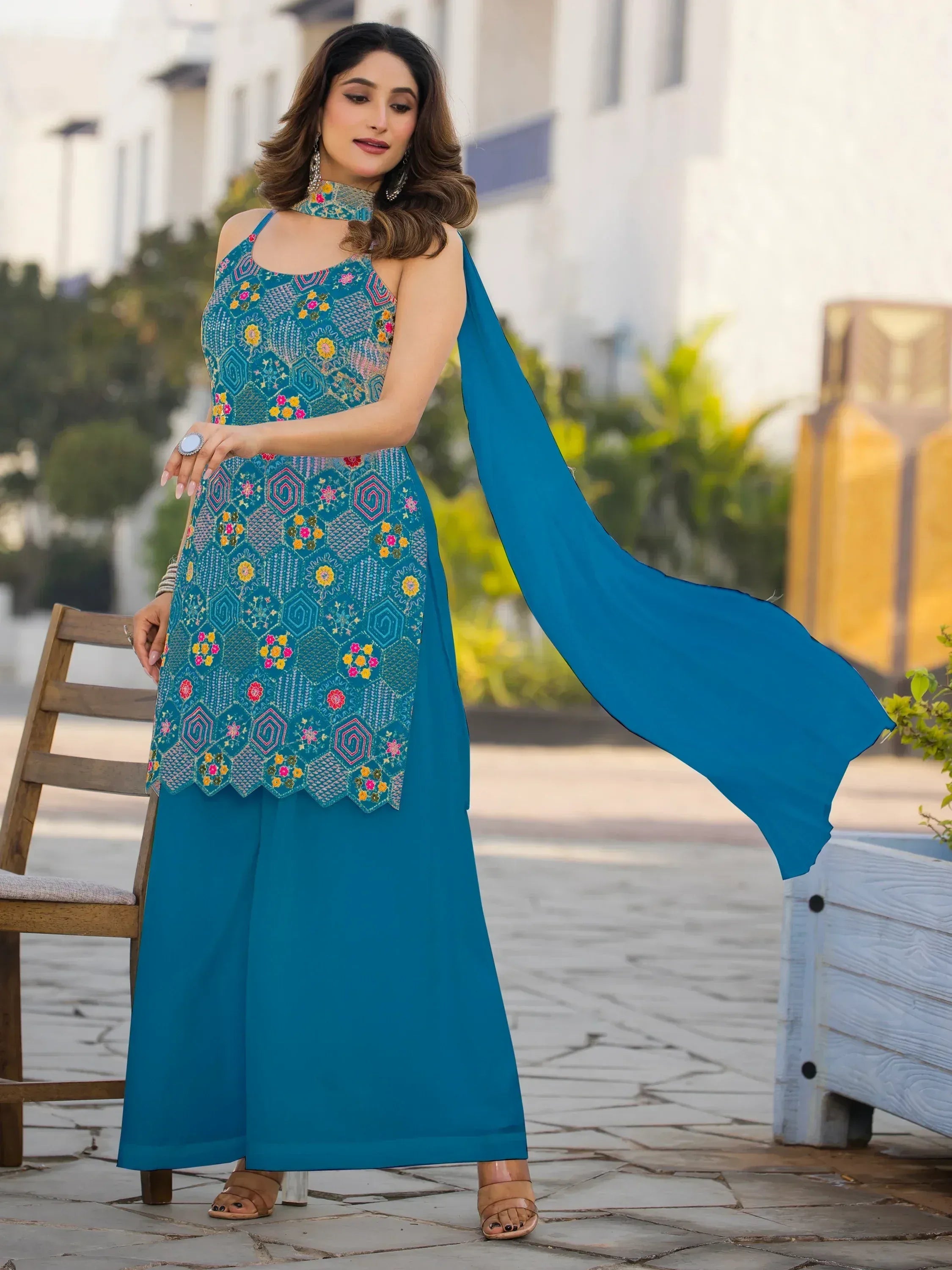 Teal embroidered ethnic suit with floral patterns and matching dupatta, stylish Indian wear for women