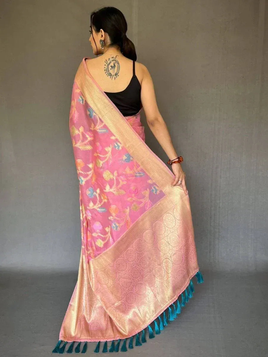 Beautiful Pink Zari Woven Organza Occasion Wear Saree