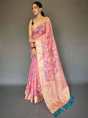 Beautiful Pink Zari Woven Organza Occasion Wear Saree