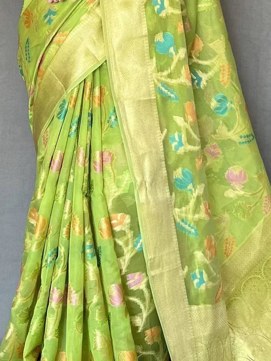 Ravishing Green Zari Woven Organza Events Wear Saree