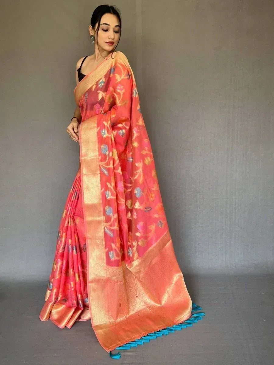 Stunning Pink Zari Woven Tissue Silk Occasion Wear Saree