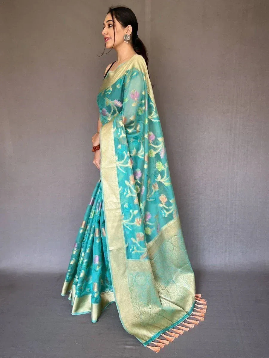 Captivating Teal Blue Woven Tissue Silk Festival Wear Saree