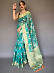 Captivating Teal Blue Woven Tissue Silk Festival Wear Saree