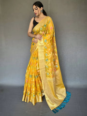Fascinating Yellow Woven Tissue Silk Occasion Wear Saree
