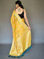 Fascinating Yellow Woven Tissue Silk Occasion Wear Saree