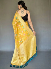 Fascinating Yellow Woven Tissue Silk Occasion Wear Saree