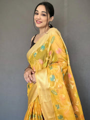 Fascinating Yellow Woven Tissue Silk Occasion Wear Saree