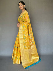 Fascinating Yellow Woven Tissue Silk Occasion Wear Saree