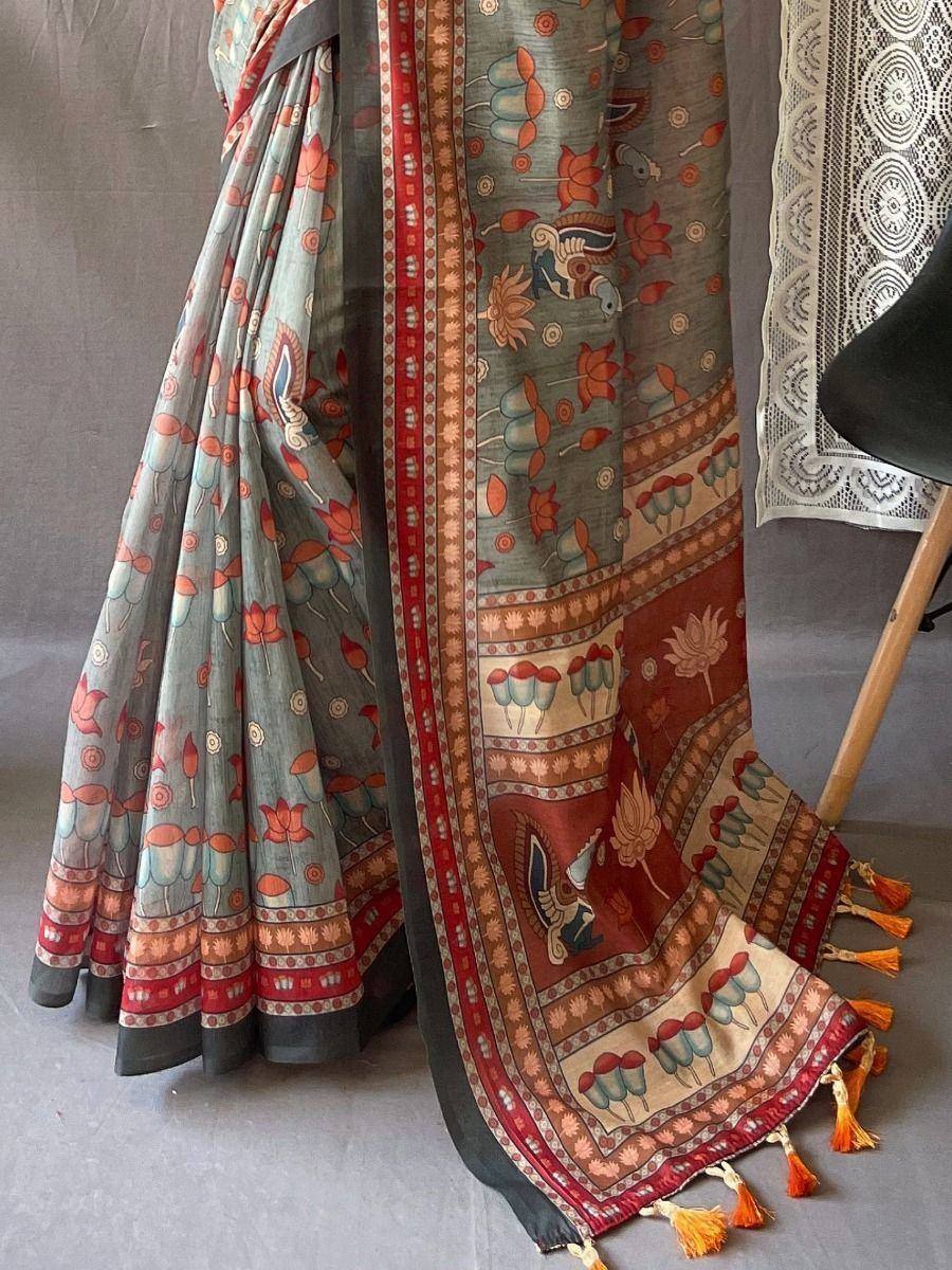 Grey floral saree with red border and tassels, Indian ethnic wear