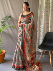 Graceful Grey Kalamkari Print Cotton Occasion Saree With Blouse