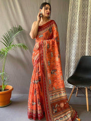Perfect Orange Kalamkari Print Cotton Occasions Saree With Blouse