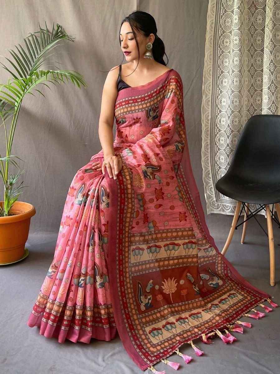 Pink printed saree with tassels, ethnic wear for women, designer Indian saree with floral motifs