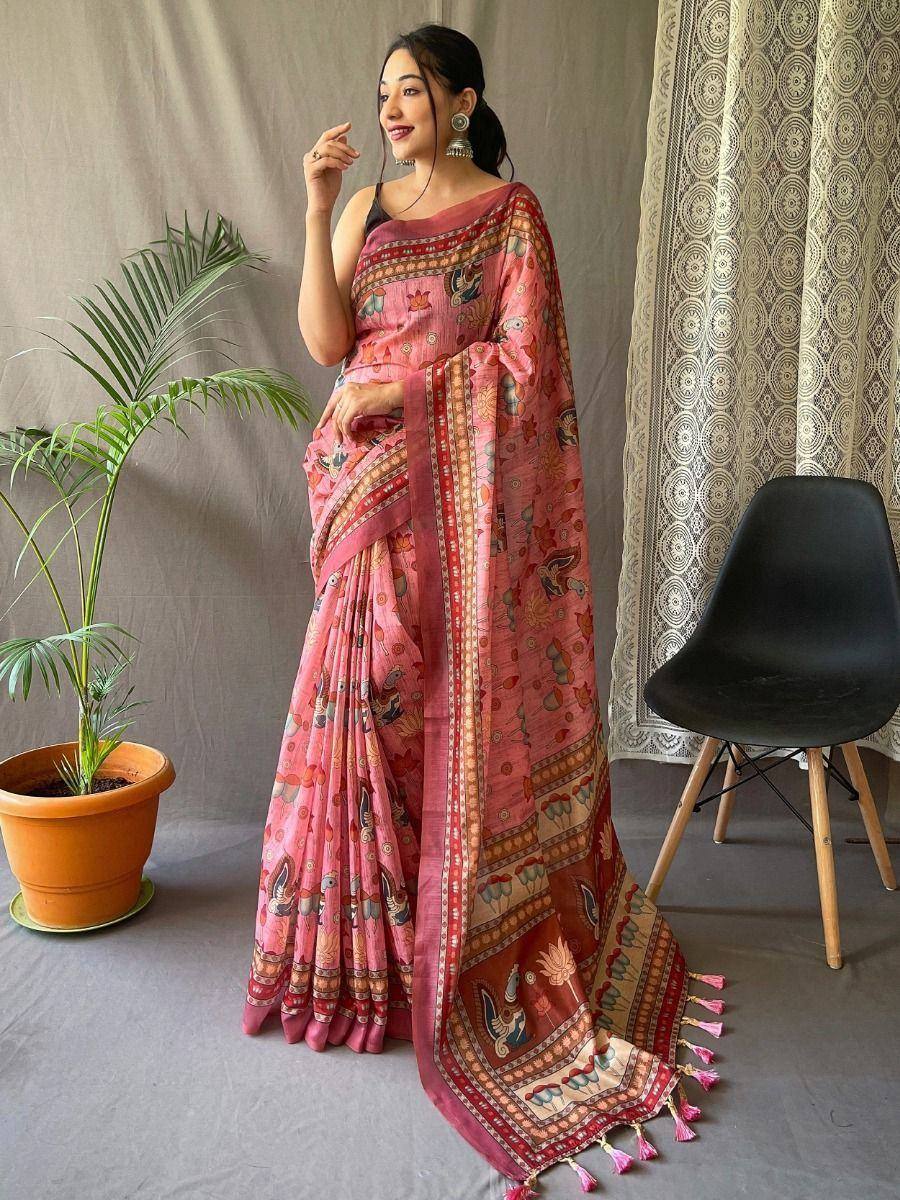Pink printed saree with tassels, ethnic wear for women, perfect for festive occasions and daily wear.