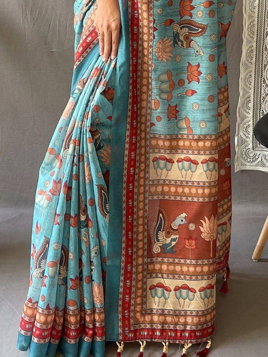 Blue printed saree with floral and bird motifs, ethnic Indian wear