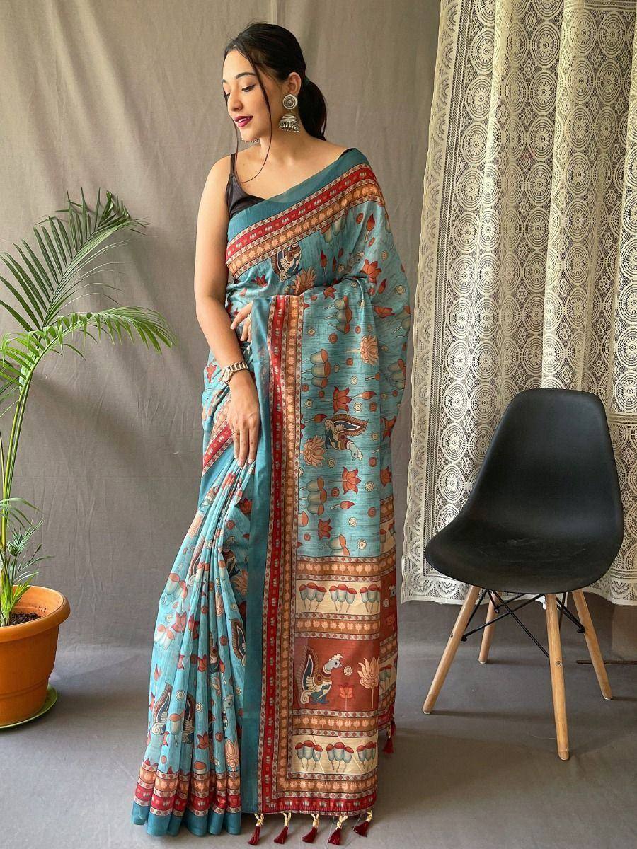 Blue floral printed saree with red border, ethnic wear for women