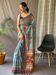 Flaunt Sky-Blue Kalamkari Print Cotton Occasion Saree With Blouse